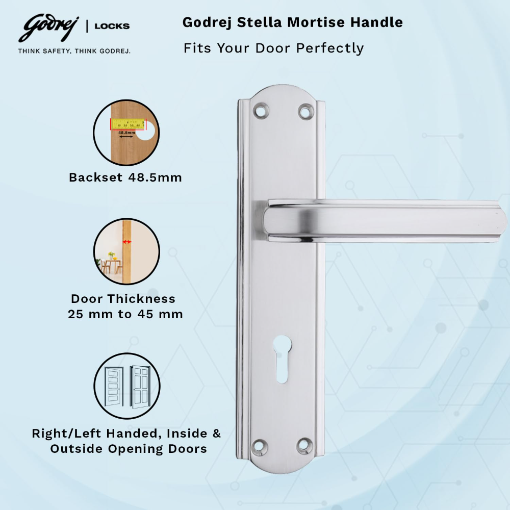 Godrej Mortise Door Lock Handle Set | 180mm Stella | 6-Lever Locking Mechanism | Reversible Latchbolt | Suitable for Left & Right Handed Doors (Satin Steel Finish) | 5 Year Warranty